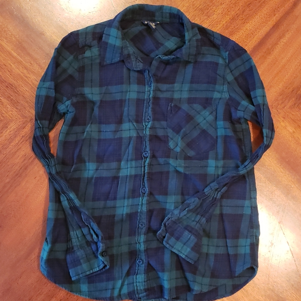 Forever 21 Button Down Flannel Blue Green Women's Size Small